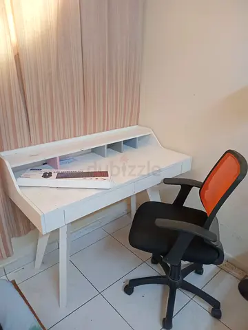 Study Table - White Writing Desk with Shelves and Office Chair - Good Condition