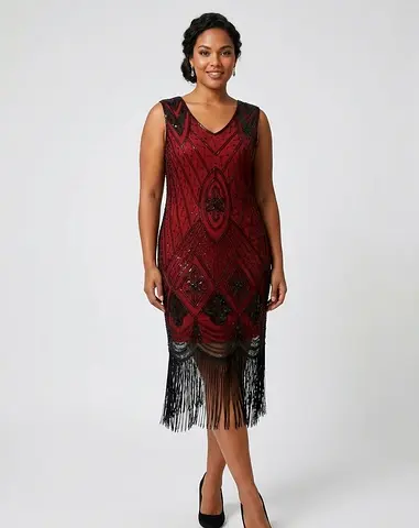 Burgundy Beaded Fringe Flapper Dress - Size: M-L