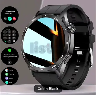 Black Smartwatch with Round AMOLED-style Display and Fitness Features