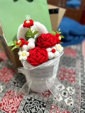 Handmade Crochet Red Rose Bouquet in Decorative Bunny