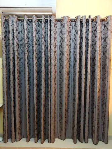Used Grey Patterned Eyelet Curtains — Pair, Ready to Hang BLACKOUT