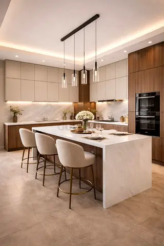 Modern kitchen island with marble countertop and bar stools
