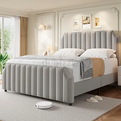 Upholstered King Bed with Padded Headboard and Footboard - Light Grey
