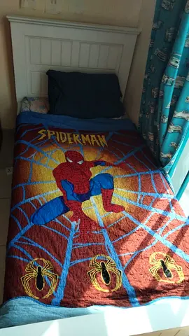 Single bed with mattress and cupboard