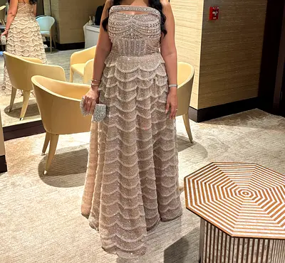 Embellished Strapless Evening Gown - Champagne, Size Approx UAE 40
