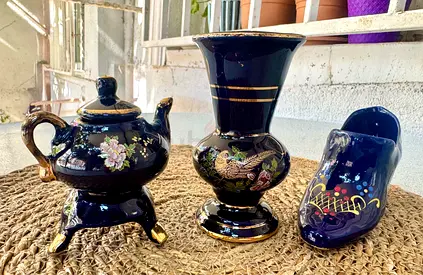 Vintage Cobalt Blue Decorative Tea Kettle, Vase & Ceramic Shoe Set