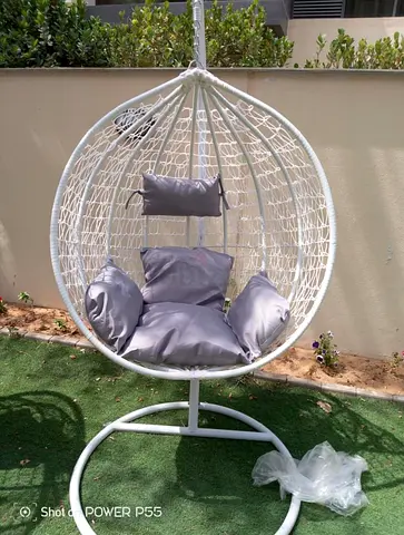 White Wicker Hanging Egg Chair with Grey Cushions - Brand new