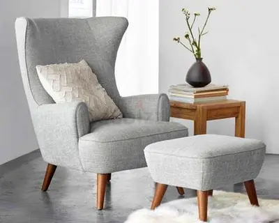 Grey Fabric Wingback Armchair with Ottoman - Good Condition