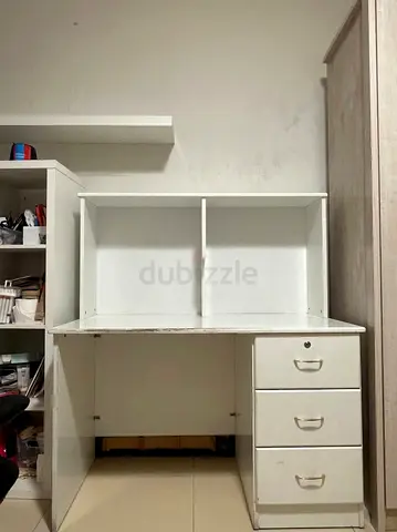 White Study Desk with Hutch and 3 Drawers - Good Condition