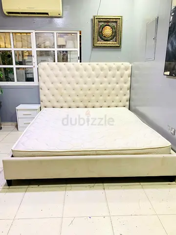 King tufted upholstered bed frame with mattress - cream