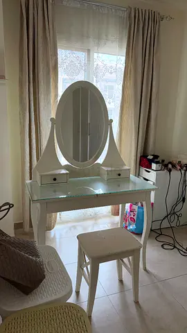 White Wooden Dressing Table with Oval Mirror and Stool