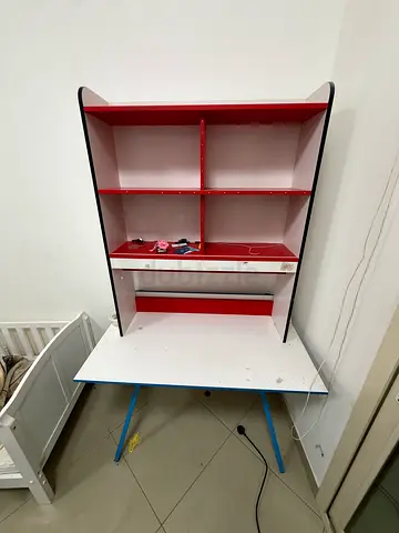 Used Study Desk with Shelves and Foldable Tabletop - Red/White