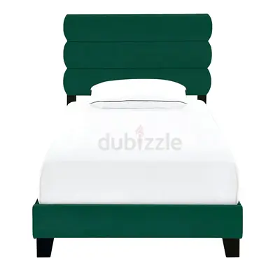 Green velvet upholstered single bed frame