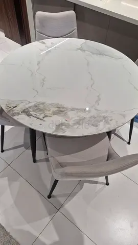 Round Marble-Top Dining Table with 4 Upholstered Chairs