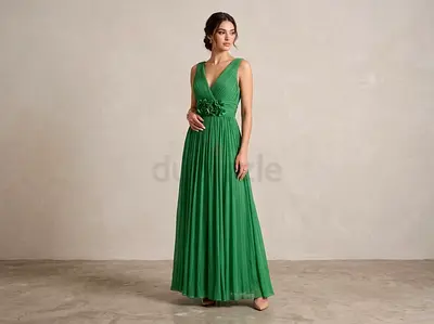 Emerald Green Pleated Maxi Dress with Floral Waist Detail - Size Unknown