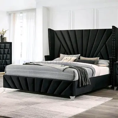 Modern Black Upholstered Bed with Winged Headboard