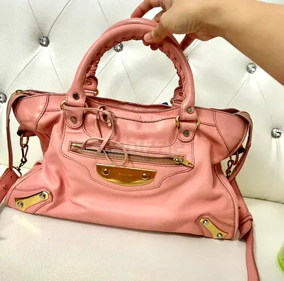 Authentic Balenciaga Light Pink Leather Shoulder Bag with Top Handles and Crossbody Strap
