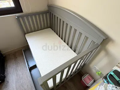 Grey Wooden Baby Crib with Mattress - Good Condition
