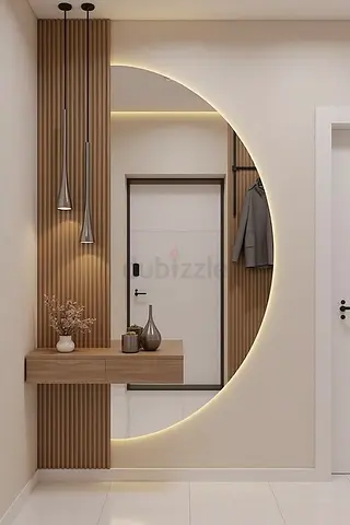 Wall-mounted entry console table with round LED mirror — like-new