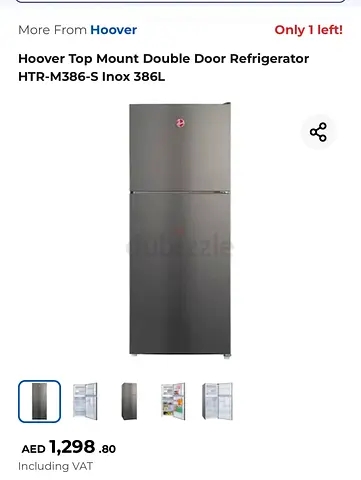Hoover Top Mount Double Door Refrigerator HTR-M386-S Inox 386L