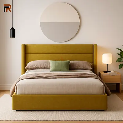 Modern Upholstered Double Bed with Headboard - Olive Green