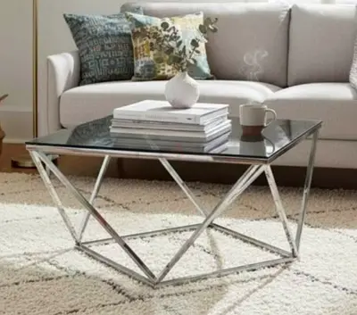 Modern Glass Top Coffee Table with Chrome Geometric Base