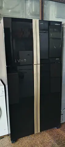 Hitachi 4 door side-by-side refrigerator - black glass finish, good condition working fre home deli