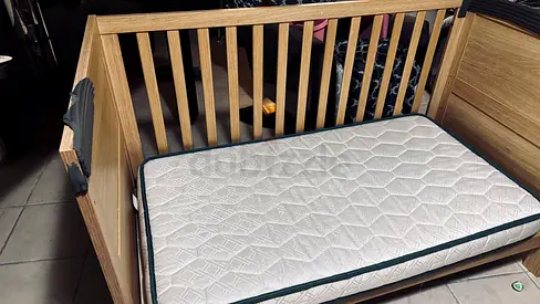 Wooden Baby Crib with Mattress — Solid Oak Finish