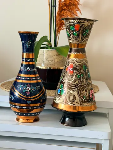 Pair of Vintage Decorative Metal & Enamel Vases