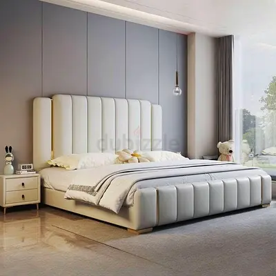 Modern Upholstered King Bed with Padded Headboard - Light Beige