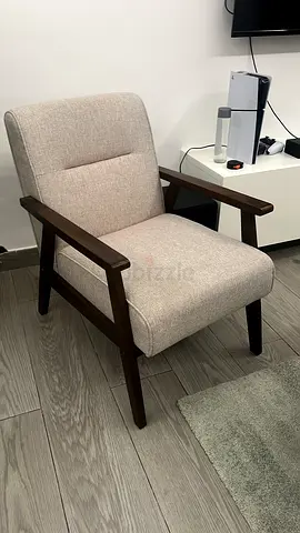 Beige Fabric Armchair with Wooden Frame - Good Condition