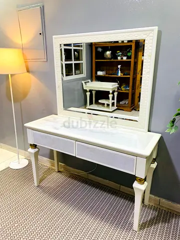White Dressing Table with Mirror - Marble Top Accent, Good Condition