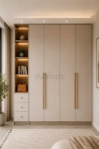 Modern built-in wardrobe with open shelving and drawers - beige finish