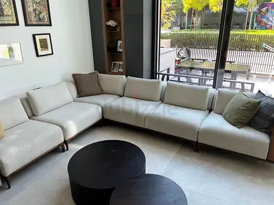 MUST GO - L-shaped Sofa with attached Wooden Console