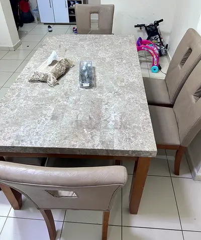 Dining table with marble-effect top and 4 upholstered chairs and 1 bench