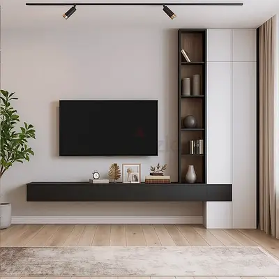 Modern wall-mounted entertainment unit with tall shelving (black & white)
