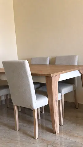 Wooden dining table with 6 upholstered chairs - light oak finish