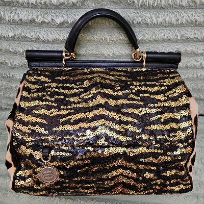 Authentic Dolce and Gabanna Miss Sicily Large Black and Gold Sequin Top-Handle Bag - Limited Edition