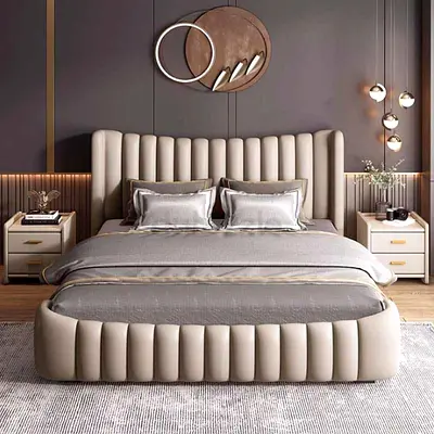 Modern Upholstered Double Bed with Headboard and Bed Frame - Beige