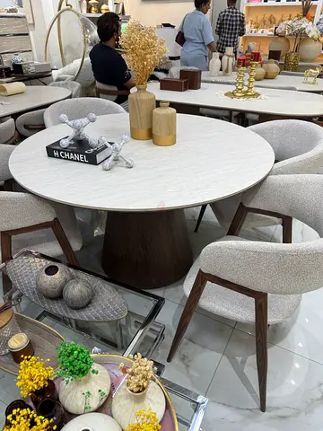 Round dining table with 4 upholstered chairs - modern set