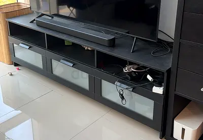 Black TV Stand / Entertainment Unit with Glass Front Drawers
