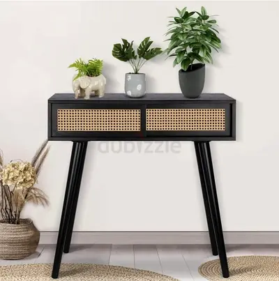 Black Console Table with Rattan Drawer Fronts - Midcentury Entry Table