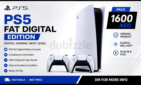 PS5 Digital Edition (Fat) with 2 DualSense Controllers - Good Condition