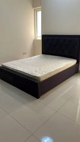 Queen fabric bed frame with mattress - good condition