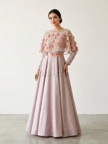 Hijab dress Elegant blush pink evening gown with 3D floral applique and capelet