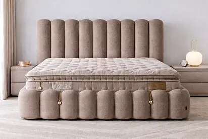 Modern Upholstered Bed Frame with Fluted Headboard and Mattress