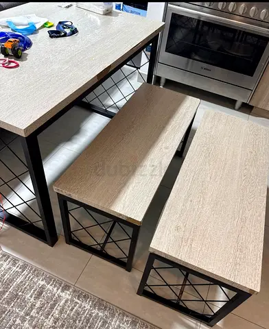 Wood Effect Dining Table with Two Benches - Light Oak, Industrial Metal Frame