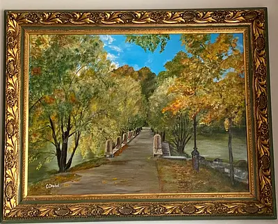 Framed oil painting of a tree-lined bridge pathway SIZE 97x80 cm,  written in acril