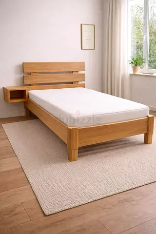 Solid Wood Single Bed Frame with Headboard and Floating Side Shelf