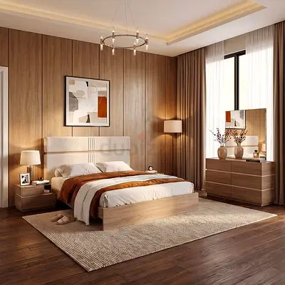 Vallary 180x200 King Bed With Upholstered Headboard- Grey Walnut/Dark Beige